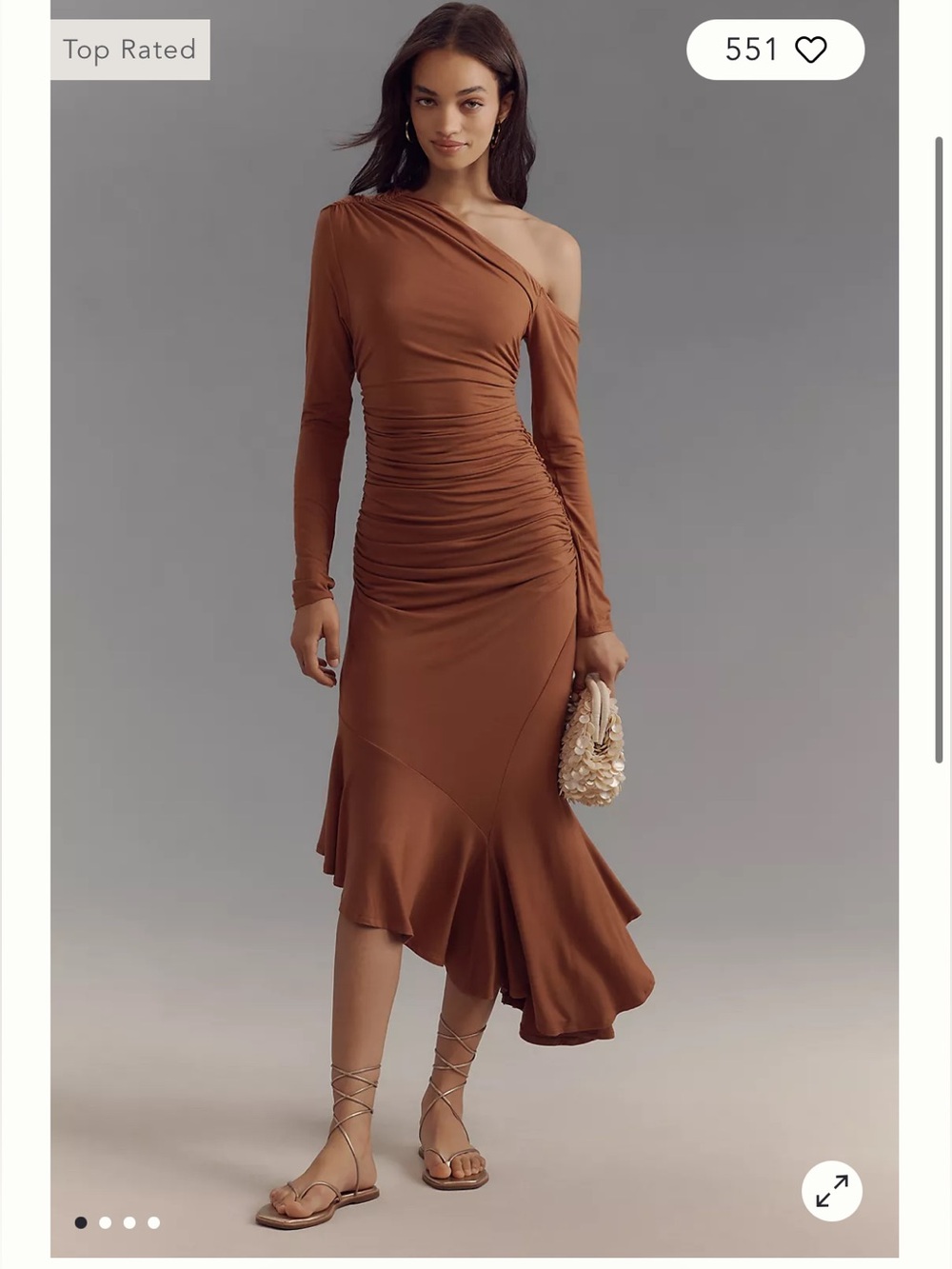 Anthropologie One-Shoulder Rust Brown Ruched Midi Dress